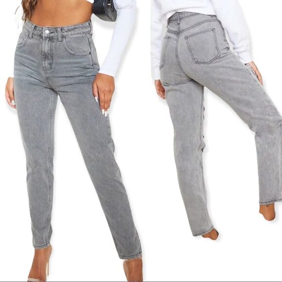 PrettyLittleThing Mom Faded Gray High Waisted Jeans - Picture 1 of 13